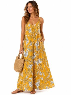 Ours Mustard Floral Maxi Dress Spaghetti Strap V Neck Resort Medium